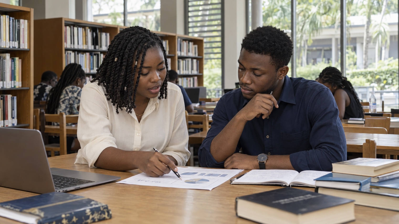 Illustration générée : deux étudiants travaillent sur un projet dans une bibliothèque universitaire inspirée d’Abidjan.